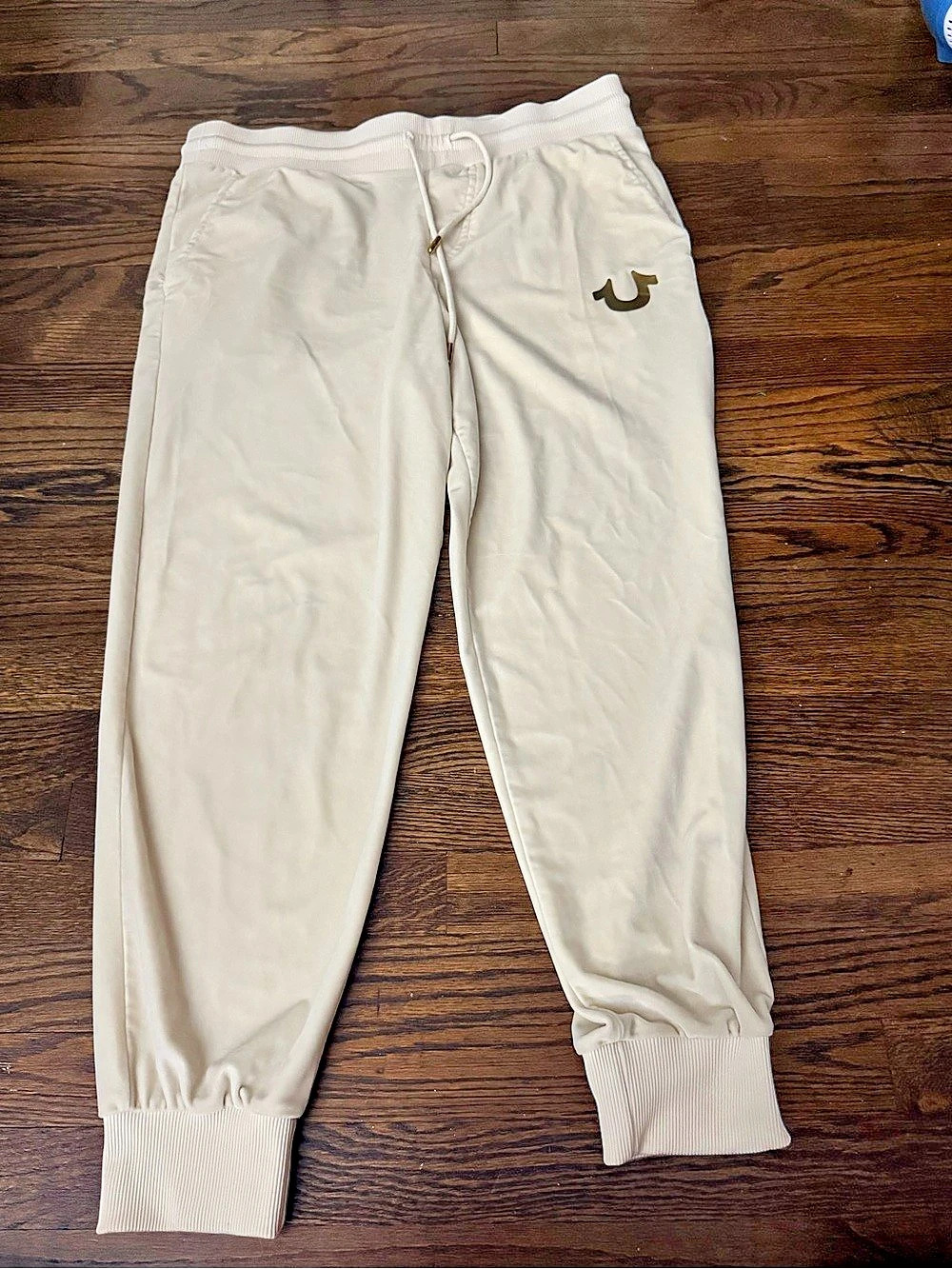 True Religion Cream & Gold Velour Jogger Track Pants Large 🔑✨
